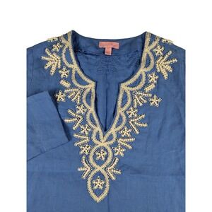 Lilly Pulitzer Amelia Island‎ XS Blue Linen Embellished Tunic Top Blouse Shirt